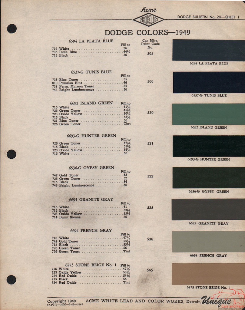 1949 Dodge Paint Charts Acme 1
